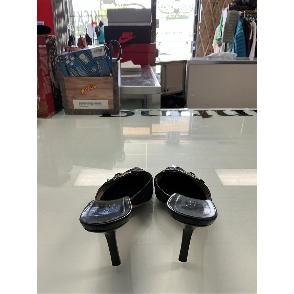 Gucci | Auth Black Leather Canvas Pointed Toe Ribbon Size 5 - Picture 4 of 7